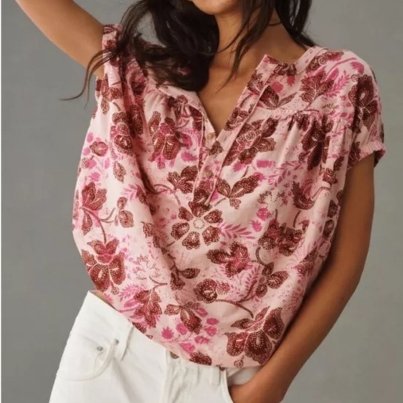 Anthropologie Pilcro Top Pink Combo Floral Ruched Henley Tee Size L - Picture 1 of 14
